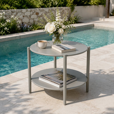 Table d'appoint ronde à 2 niveaux en métal avec tablette de rangement Petite table d'appoint pour patio, balcon, porche, salon, jardin, robuste, facile à assembler, gris