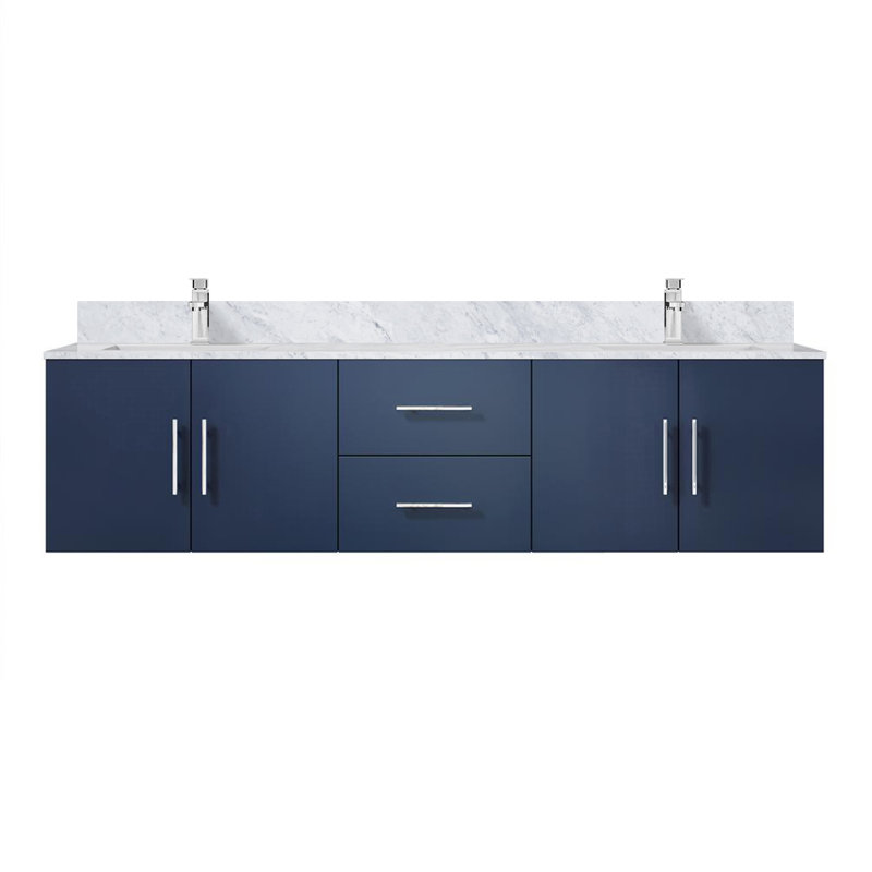 Geneva 72" Wall-Mounted Double Bathroom Vanity Set, Navy Blue, White Carrara Marble