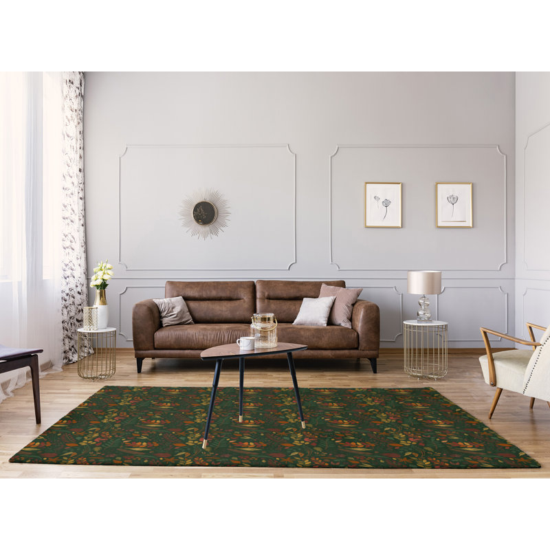 Tapis vert/orange/rouge fait main floral, Rectangle 4 pi x 6 pi