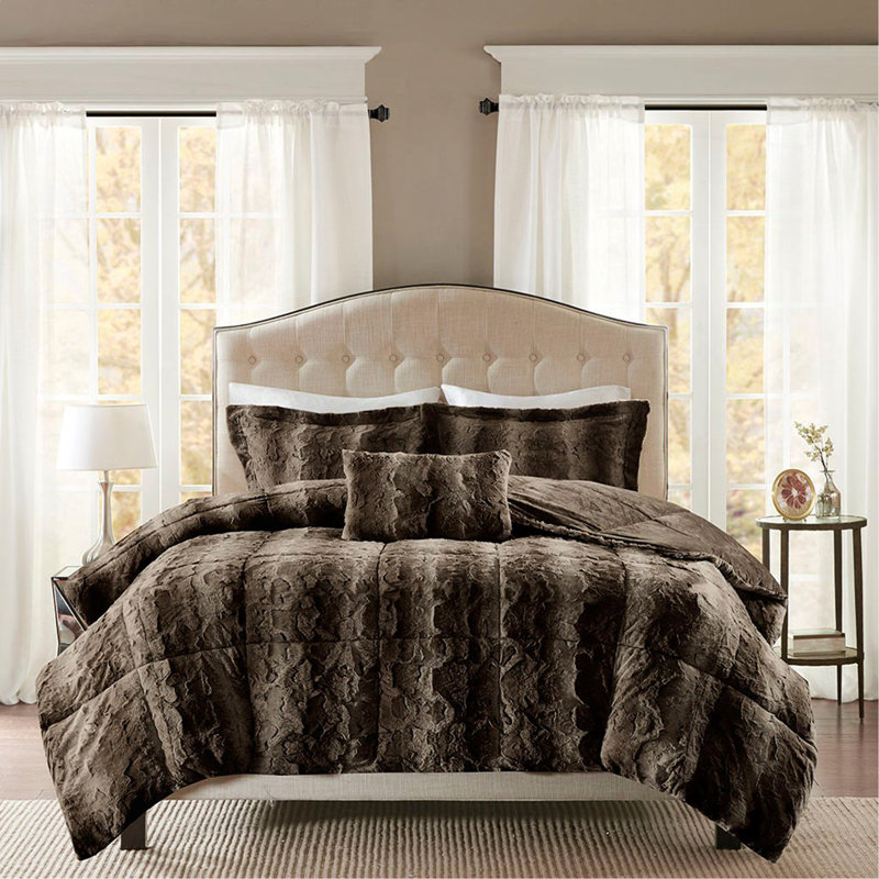 King 4PC Faux Fur Comforter Set, King Comforter + 3 Additional Pieces, Dark Brown Striped