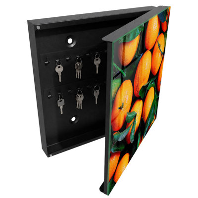Key box for home, Opens to the right, 30x30x5, White, Juicy oranges among the green leaves, 