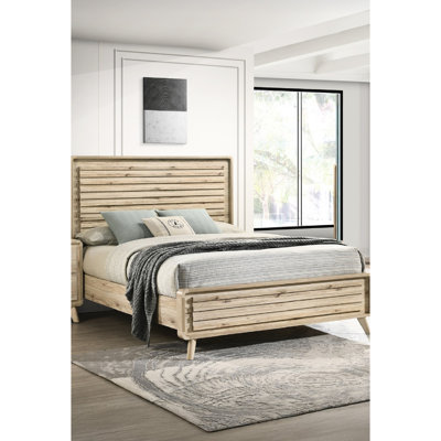 Mid-Century-Inspired Queen Size Panel Bed With Slatted Headboard