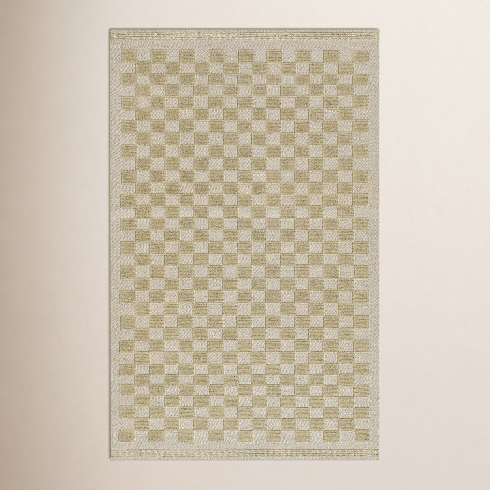 Azle Beige Tan Hand-Woven Checkered Wool Rug, Rectangle 5' x 8'