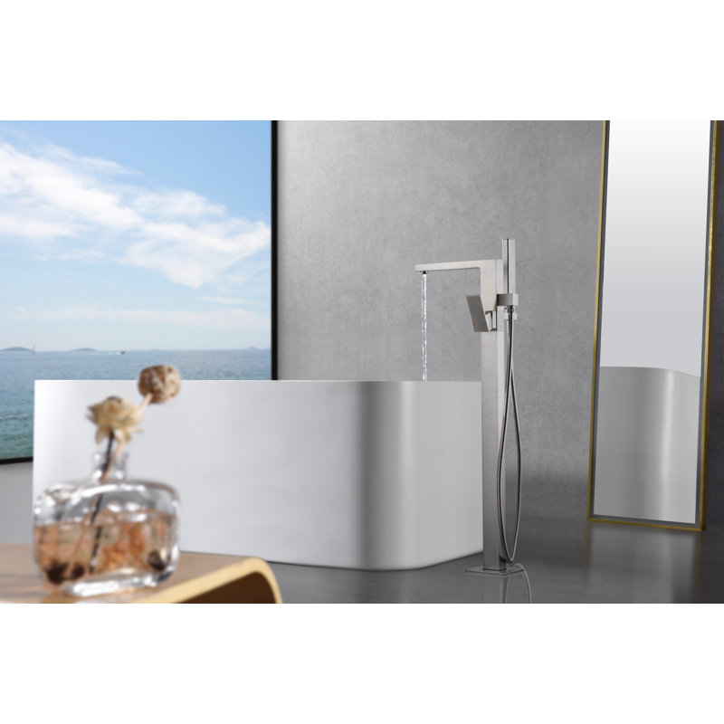 Rift Collection Single Handle Floor Mounted Roman Tub Filler Faucet with Hand Shower - Brushed Nickel, Brushed Nickel