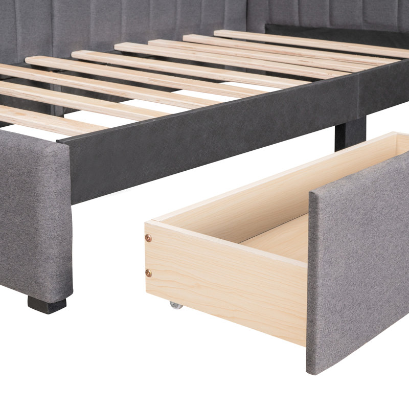 Lit de jour rembourré en tissu de lin, taille simple, 2 tiroirs de rangement, sans sommier, lit de jour de taille grise avec rangement,