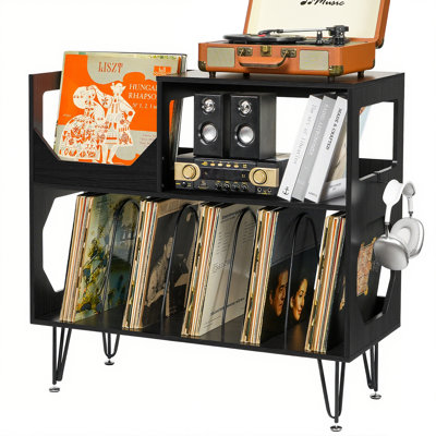 Large Rustic Record Player Stand, 2 Tier Record Player Table With Vinyl Record Storage, Vinyl Record Storage Cabinet With Metal Legs, Turntable Stand For Living Room, Bedroom, Holds 370 Albums, Black