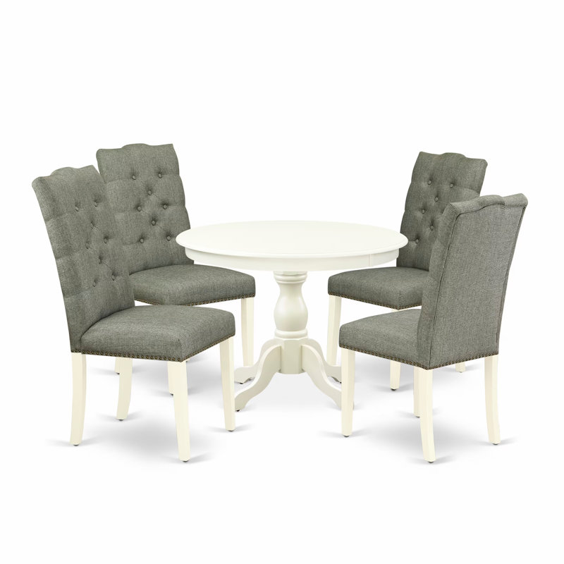 L'ensemble 5 pièces de table et chaises de cuisine comprend une table de salle à manger ronde avec piédestal et 4 chaises de salle à manger Parson en tissu gris, lin blanc