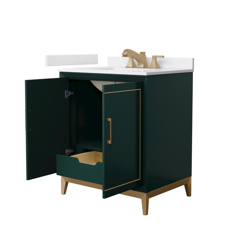 Meuble-lavabo simple autoportant 30 po avec plateau en marbre Marlena, Vert, Bronze satiné