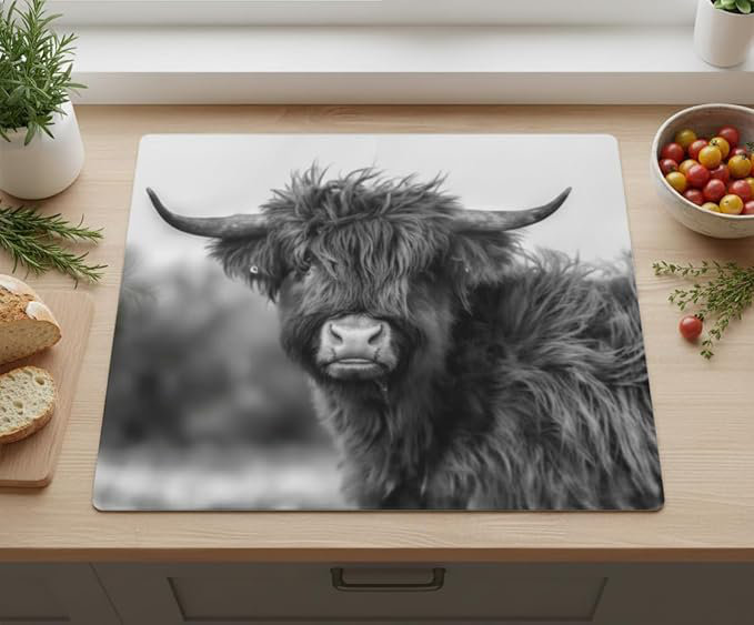 Rectangular Highland Cow Worktop Saver Black-White Photography Design 5 Mm Thick Tempered Glass Cutting Board Kitchen Counter Protection Chopping Surface Rustic Decor Serving Plate 60 X 40 Cm