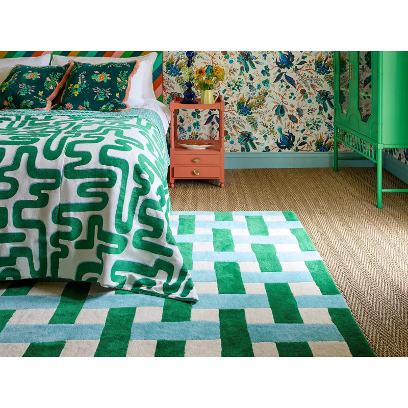 Hand Tufted Wool Geometric Area Rug in Emerald/Aquamarine, Rectangle 8'2" x 11'6"