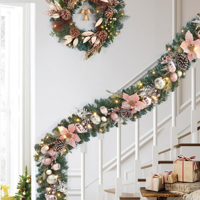 6ft Pre-Lit Christmas Garlands with Rose Gold Balls Flowers for Indoor Mantle Fireplace Stairs Decorations