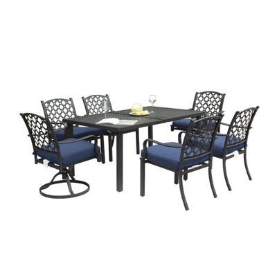 Ensemble de salle à manger d'extérieur 7 pièces avec chaises pivotantes - Mobilier de jardin rembourré en métal bleu marine pour la cour et la pelouse