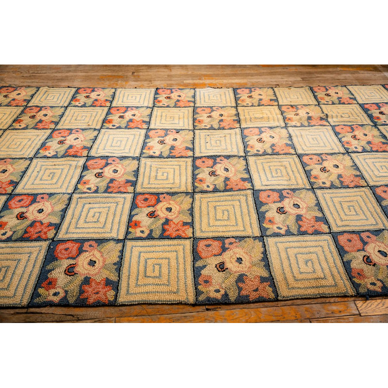1880s Rustic Blue Ground Modern Geometric Folk Art Antique American Hooked Rug