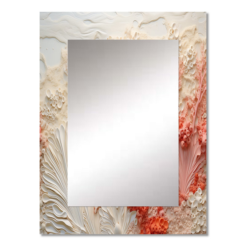 «Rose and White Coastal Coral Collage V» - miroir mural corail, miroir décoratif crème, impression d'art en métal