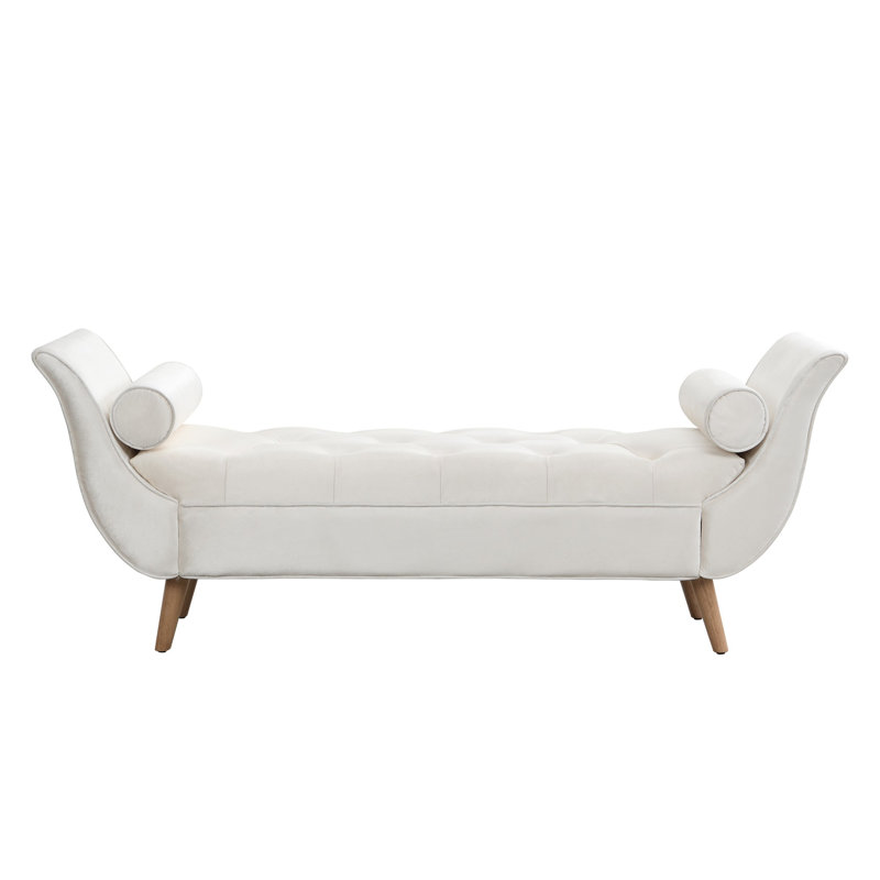 Banc de chambre rembourré en velours avec accoudoirs roulés et coussins Corvina, Beige, Naturel