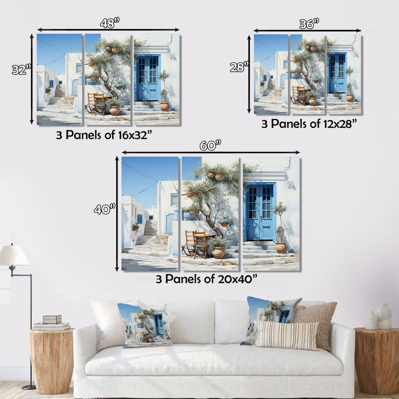 «Grèce Cycladic Harmony IV» sur toile, reproduction de 3 pièces, H 40 po x l 60 po x P 1 po