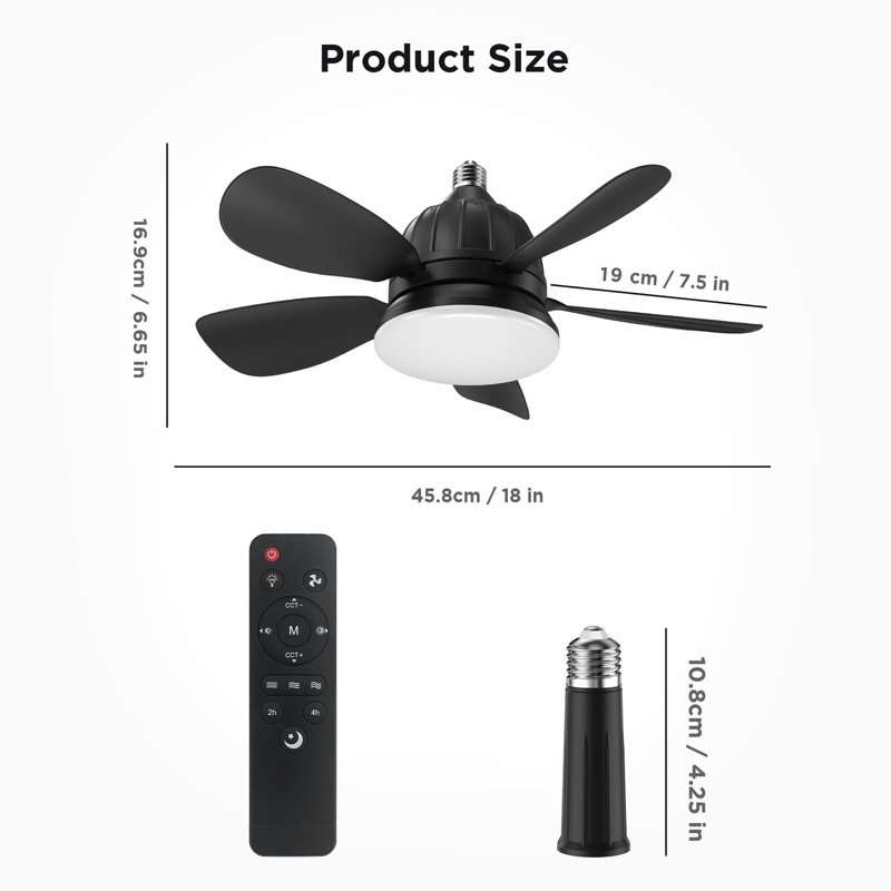 Petit ventilateur de plafond 18 pouces avec lumière et télécommande, Noir, Noir