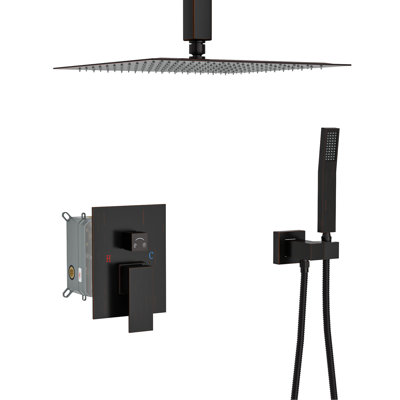 Système de douche carrée double à fixation au plafond carrée de 16 pouces avec finition bronze huilé, - Valve équilibrée, nettoyage facile et tête de douche à main en bronze, motif de pluie, fonction pivotante Scald 360