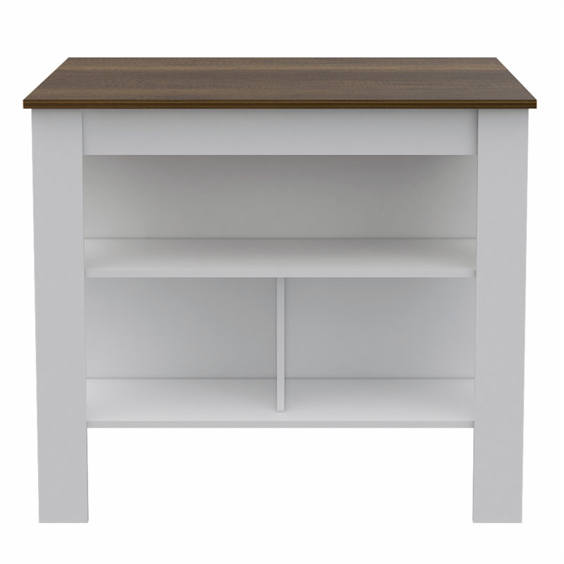 White and Dark Brown Particle Board Kitchen Island with Three Shelves