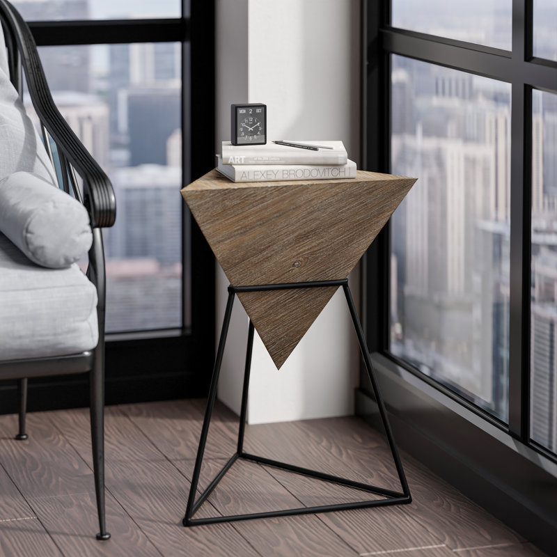 Brown Triangular MDF and Metal Geometric End Table