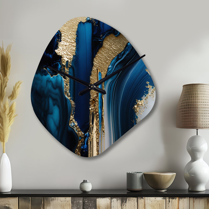 Abstract Geode Waves Gold II - Horloge murale abstraite de forme unique en métal, impression d'horloge asymétrique, Grand