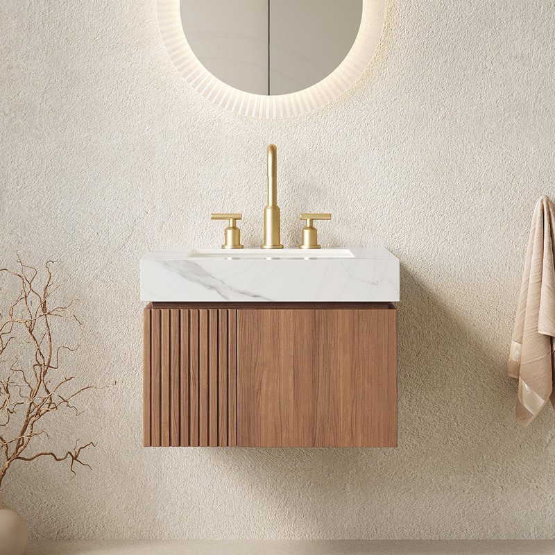 Meuble-lavabo 24 po avec lavabo, comptoir en pierre frittée flottante et lavabo en céramique, Chêne brun