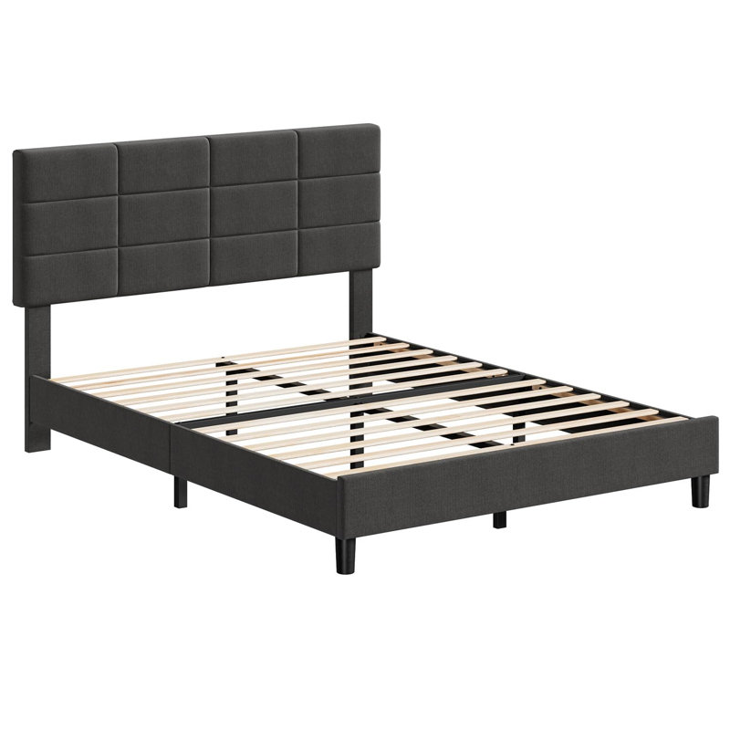Queen Size Bed Frame with Adjustable Upholstered Headboard, Strong Wood Slats, No Box Spring Needed, Queen