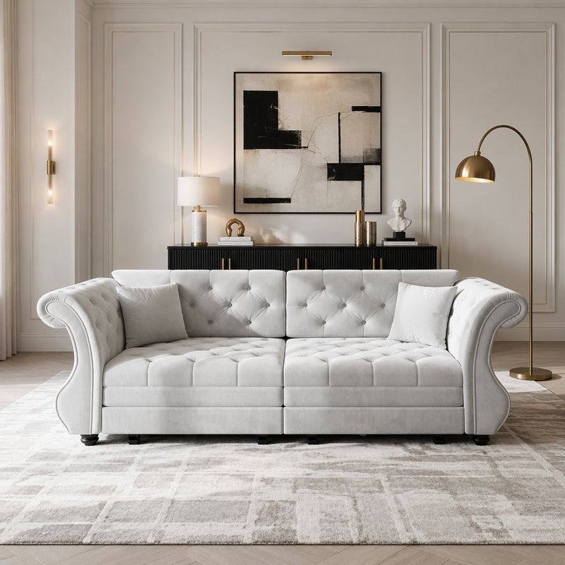 Très grand canapé-lit Chesterfield escamotable, canapé en velours à accoudoirs roulés classique, 3, LIGHT GREY