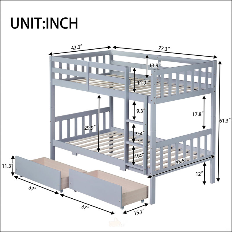 Lit superposé simple en bois d'hévéa simple avec 2 tiroirs, convertible en 2 lits simples, idéal pour économiser de l'espace et une utilisation polyvalente dans les chambres d'enfants ou les chambres d'amis