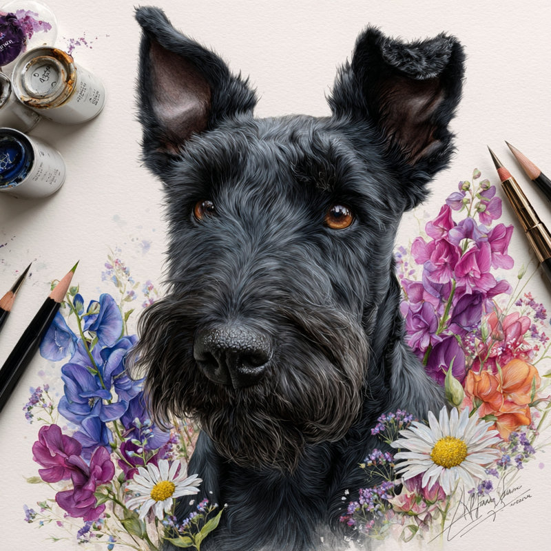 Studio Schnauzer and Sweet Peas - Art mural sur toile tendue, H 30 po x l 30 po
