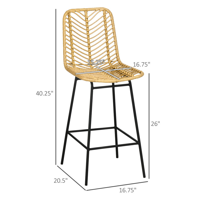 Rattan Bar Stools Set Of 4, 26" Counter Height Barstools, Boho Kitchen Island Stools With Breathable Wicker Seat And Back, 4
