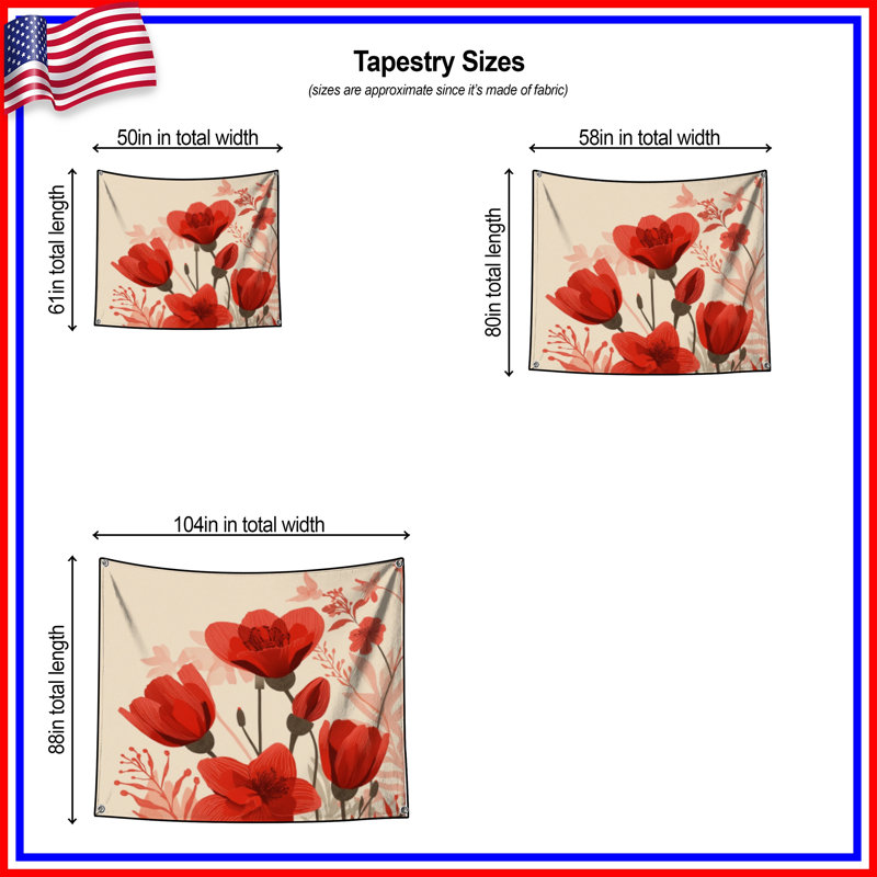 Tapisserie murale rouge à motif floral - décoration murale florale, 104in H x88 with 4 Grommets