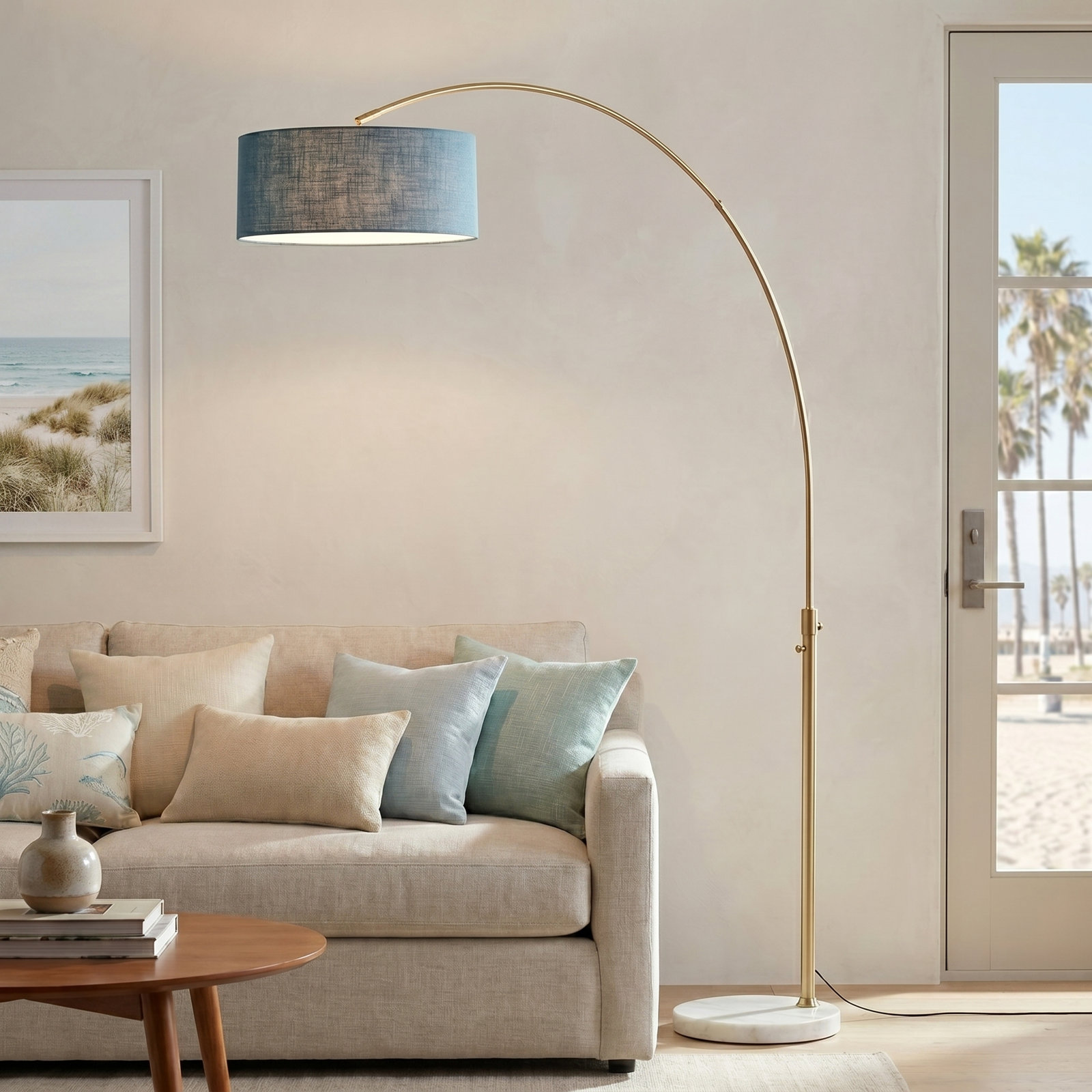 Float 92" Arc Lamp - Weathered Brass, White Marble Base, Linen Shade, Dimmable, Bulb Included, Pool Blue