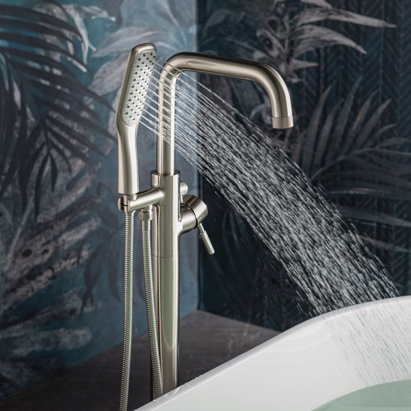 Robinet de baignoire à fixation au sol avec douche à main, Nickel brossé