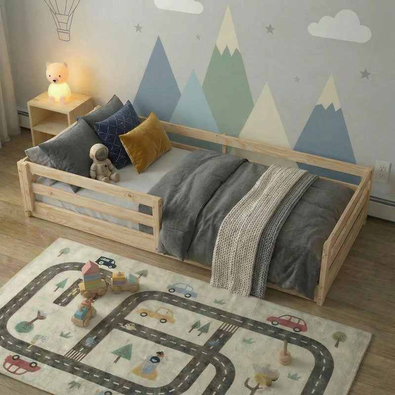 Twin Size Floor Bed Frame, Solid Wood Montessori Bed for Toddlers & Kids, Low Platform Bed with Slats, Adult Weight Capacity, White or Unfinished (Unfinished)