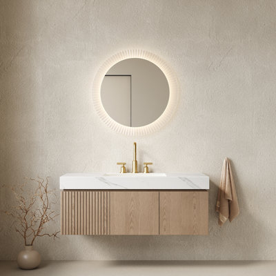 Ensemble de meuble-lavabo et lavabo 48 po, armoire de rangement en contreplaqué flottant avec tiroir et portes, plateau en pierre frittée gris clair et lavabo en céramique avec 3 trous de robinet pré-percés, pré-assemblé, couleur grain de bois de chêne blanc