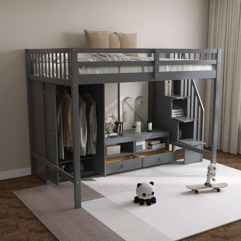 Structure de lit double pleine grandeur avec garde-robe, table de rangement basse et escalier de rangement, Gris