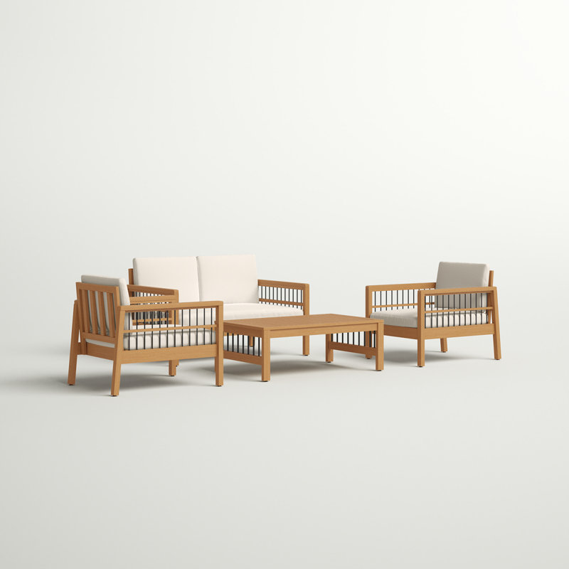 Ensemble de conversation en bois massif pour 4 personnes avec coussins Malott