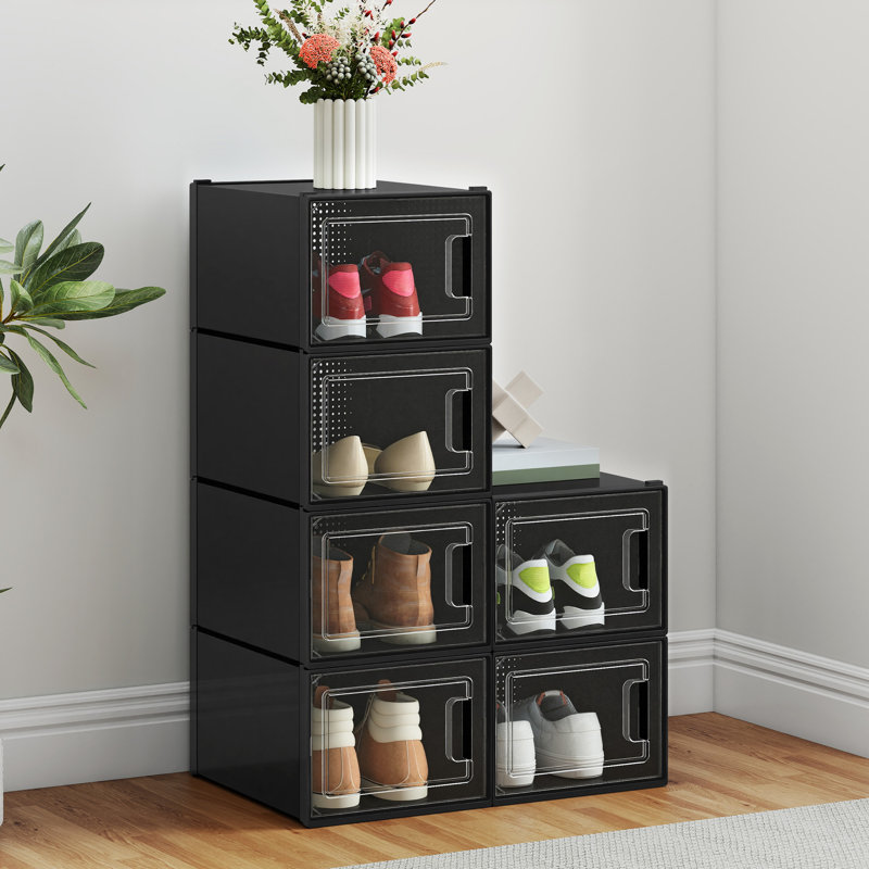 6 Pair Stackable Shoe Storage Box, Black