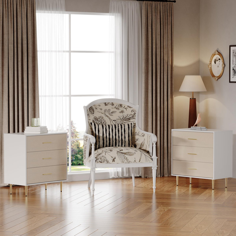 Modern White Nightstand for Bedroom, Small Bedside Table Night Stand with 3 Drawers, Gold Metal Legs