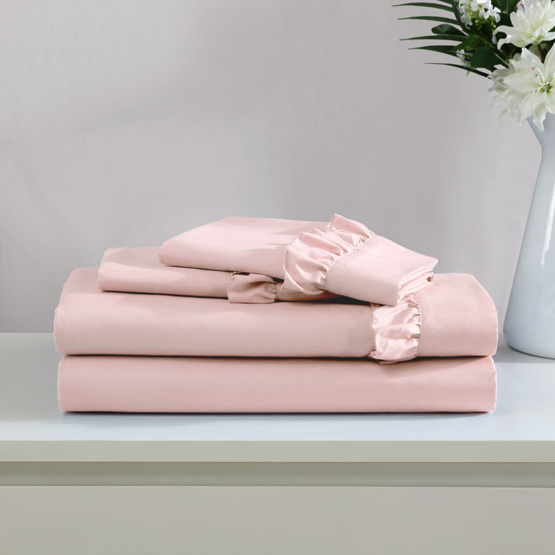 Swift Home Ruffle Hem 4-Piece Ultra-Soft Microfiber Sheet Set - Farmhouse, Shabby Chic, Feminine - Fits Mattress up to 14" Thick - Peach Fuzz, Durable, Easy Care