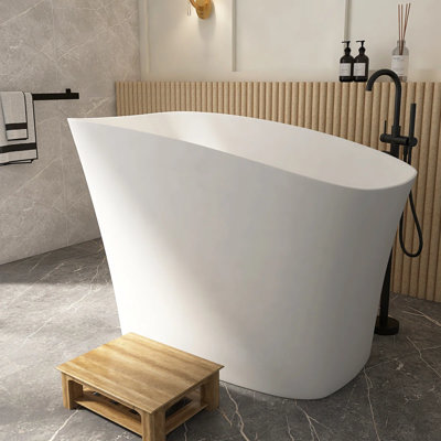 51" Solid Surface Japanese Soaking Tub, White Modern Oval Stone Resin Bathtub
