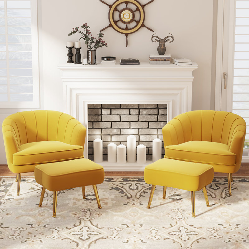 Latonia 26" Wide Barrel Chair and Ottoman, Yellow Velvet