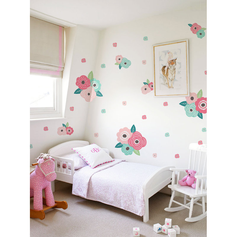 Décalcomanie murale fleur pour enfants, Rose printanier / menthe