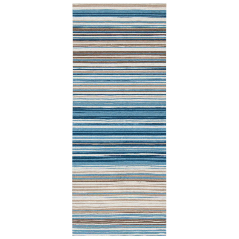 Howardwick Hand Loomed Wool/Cotton Striped Rug in Blue/Beige, Runner 2'3" x 6'