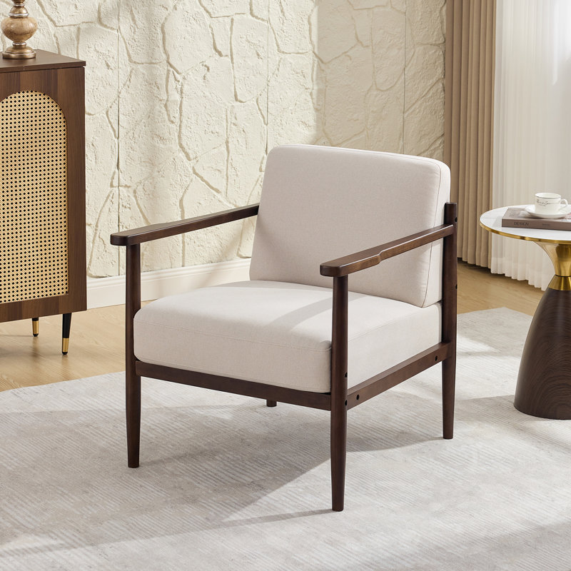 Fauteuil rembourré de style moderne Mid-Century avec structure en bois, Beige / lin