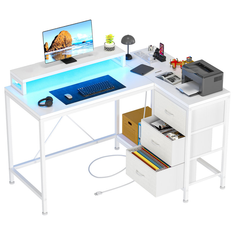 Shieh L-Shaped Computer Desk with Power Outlet, White