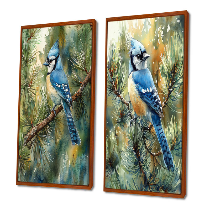 «Blue Jay parmi les pins», art mural 2 pièces, H 32 po x l 33 po, Reproduction encadrée sans passe-partout, Brun