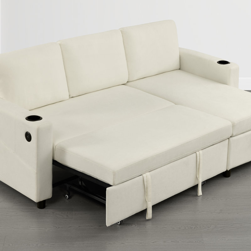 Canapé-lit extensible de 84 po à 3 places avec canapé en L et méridienne avec rangement, Beige