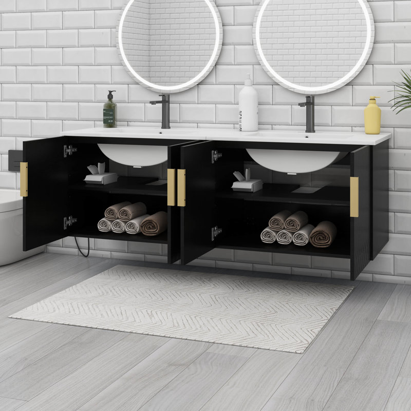 Meuble-lavabo de 60 po avec lavabo en céramique et meuble-lavabo avec 2 portes à fermeture douce, Noir